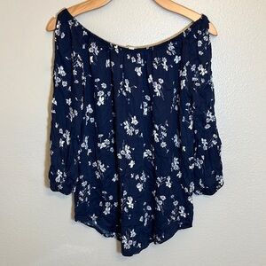 *3/$15* Don’t Ask Why Navy Floral Sheer Cold Shoulder Shirt